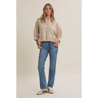 MORNING OAT MICRO CHECK RUFFLE HEM BUTTON-DOWN SHIRT: VANILLA / S