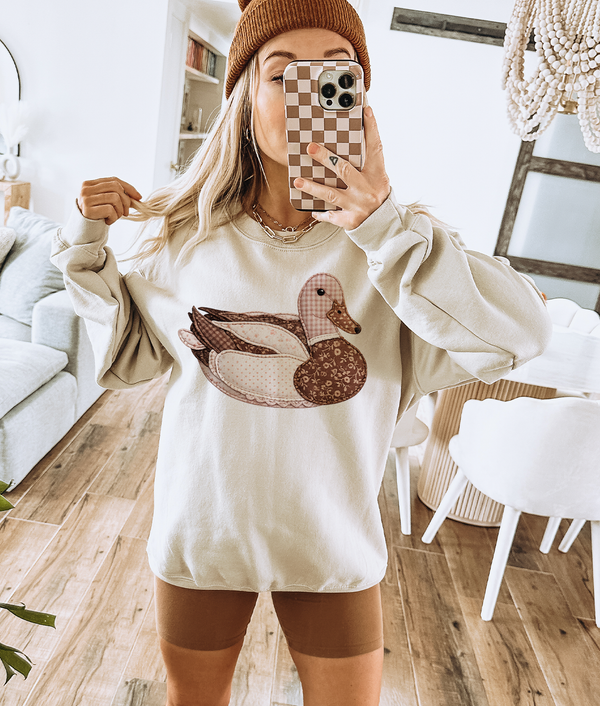 Grandma's Vintage Faux Patchwork Folk Art Brown Duck Crewneck Sweatshirt: Cream