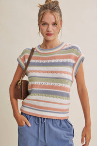 SEASONLESS TRANSITIONAL TEXTURED STRIPE SWEATER VEST: OLIVE MULTI / S
