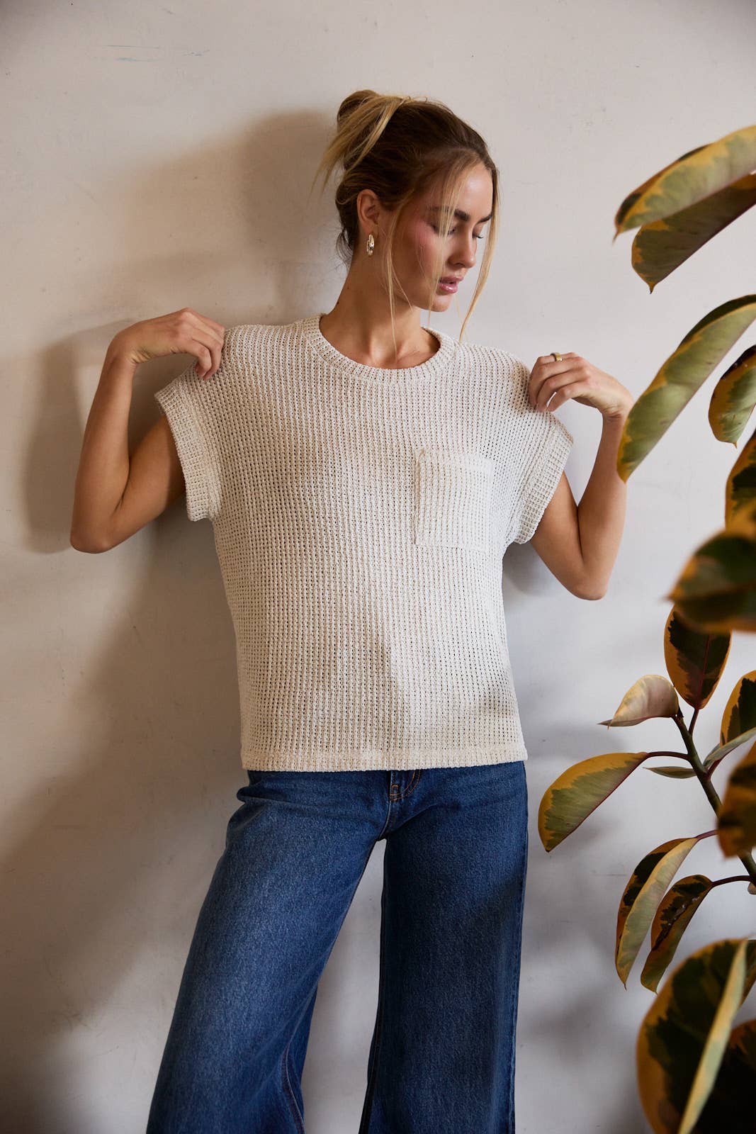 The Collins Textured Knit Pocket Top: Natural  – Cuffed Sleeve Crew Neck Everyday Sweater Tee for Women