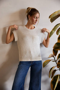 The Collins Textured Knit Pocket Top: Natural  – Cuffed Sleeve Crew Neck Everyday Sweater Tee for Women
