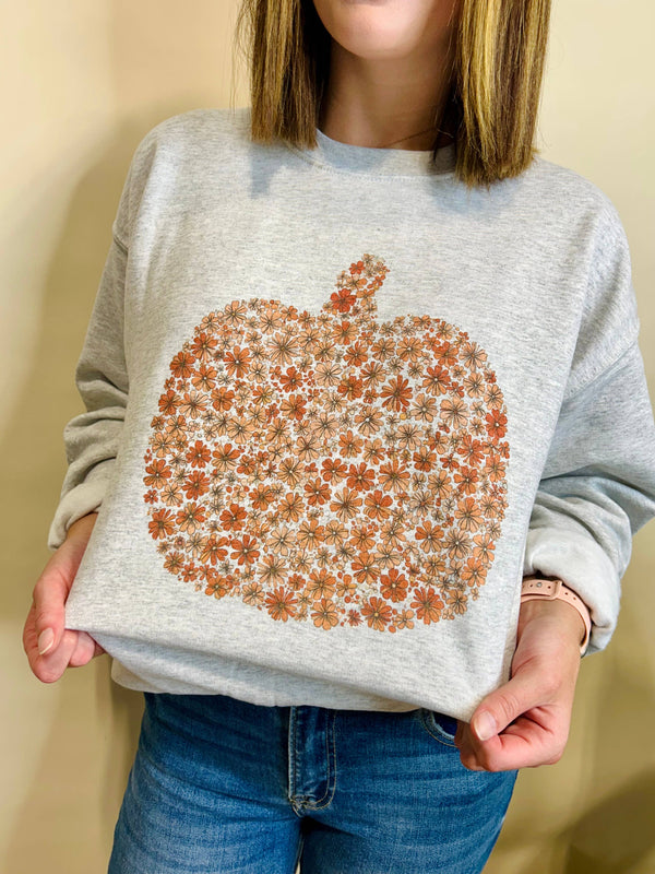 Floral Pumpkin Graphic Crewneck Sweatshirt: Heather Grey