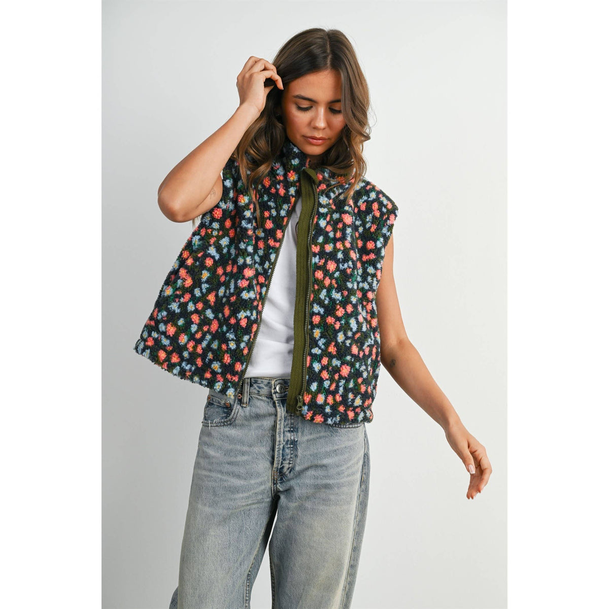 Wildflower Trail Fuzzy Vest: Olive/Multi