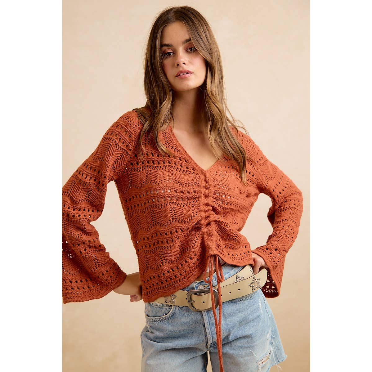 The Harvest Glow Ruched Knit Sweater: Terracotta