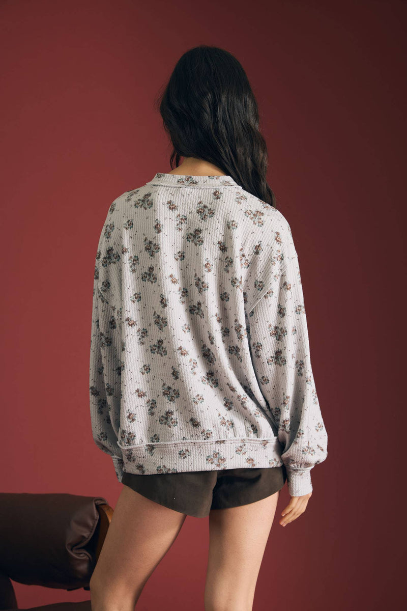In Full Bloom Floral Knit Top: Light Grey/ Multi