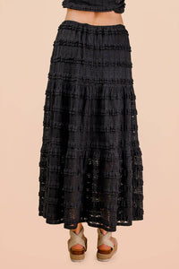 Savannah Tiered Lace Midi Skirt: Black – Boho Elastic Waist Maxi Skirt with Lining