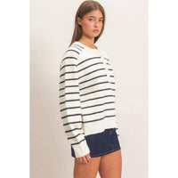Easy Rhythm Stripe Henley Sweater: Cream