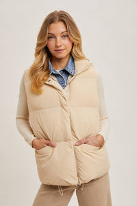 Riverton Layered Look Puffer Vest – Women’s Denim Trim Padded Vest, Fall Winter Zip-Up Outerwear