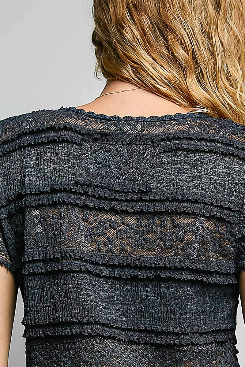 Feminine Lace V Neck Short Sleeve Top Trim Raw Edge: CREAM / S
