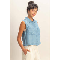The Sienna Lyocell Sleeveless Button Up Top – Collared Lightweight Summer Blouse