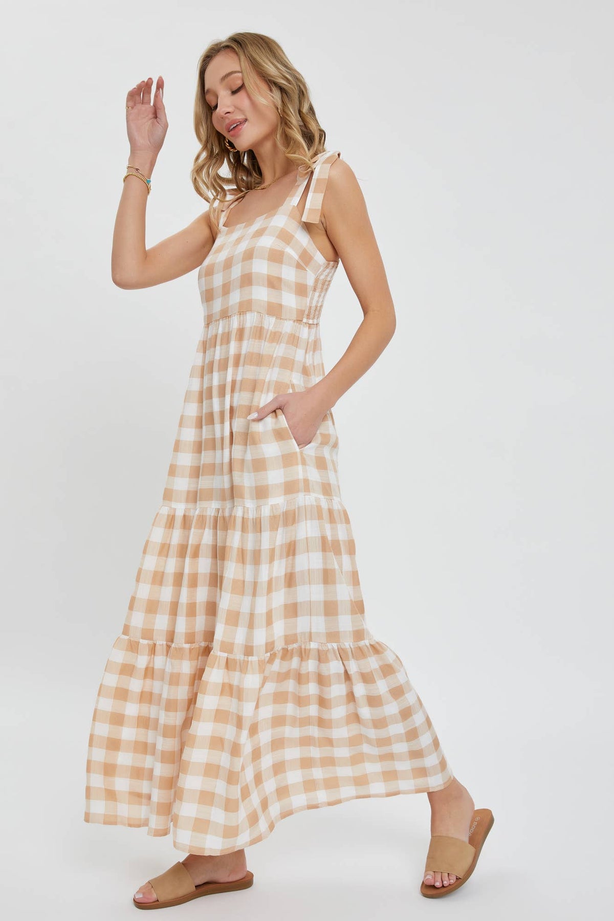 The Daisy Gingham Maxi Dress: Taupe