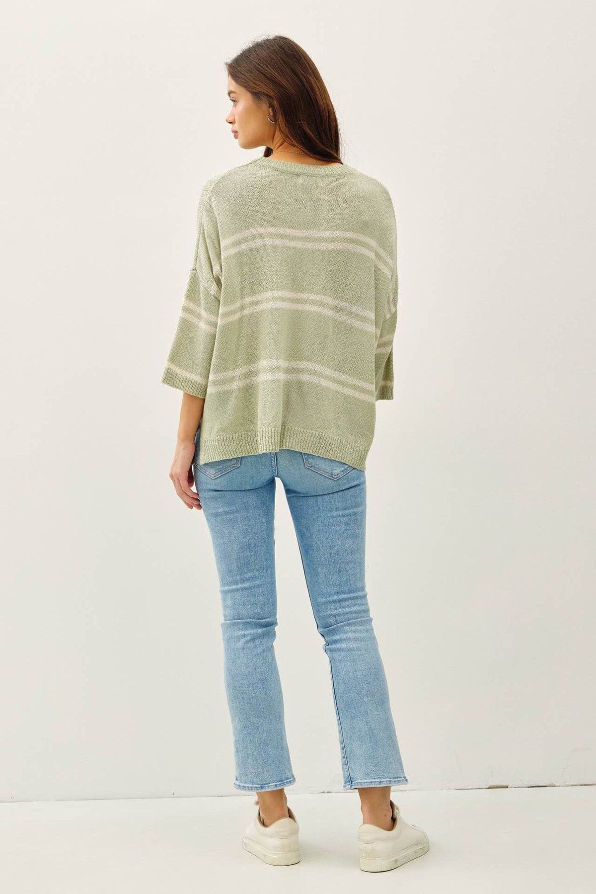 The Margot Double Stripe Knit Sweater: Sage  – Relaxed Lightweight Everyday Top