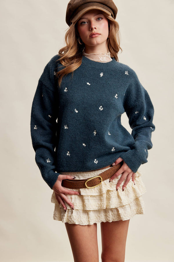 Tiny Details Embroidered Sweater: Emerald