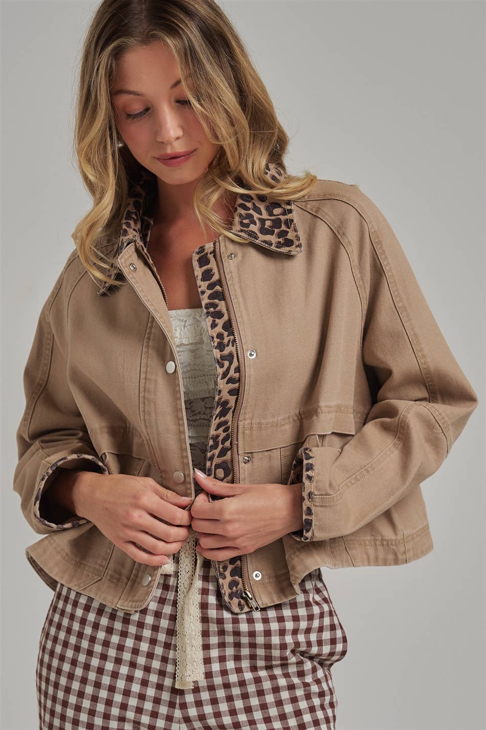 Just a Little Wild Barn Jacket: Taupe/ Leopard