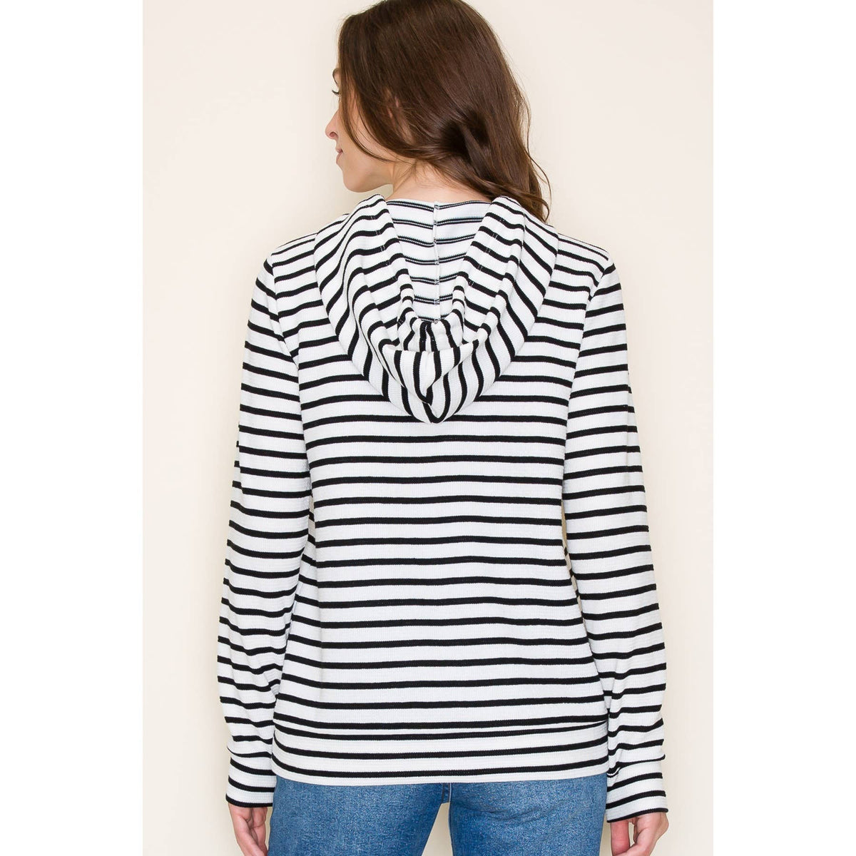 Everyday Essential Striped Long Sleeve Hoodie Top: Black/Ivory