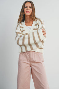 The Charlotte Striped Button Front Cardigan – Cozy Long Sleeve Cropped Knit Sweater