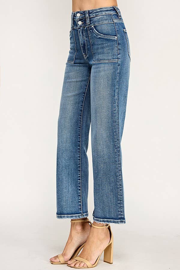 Petra153 "Sutton" Patch Pocket  High Rise Slim Wide Leg Jeans: Medium Wash