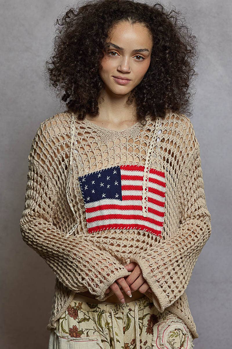 The Liberty Stitch Hoodie Sweater: BeigeAmerican Flag V-Neck Hoodie Sweater – Cotton Long Sleeve Lightweight Knit Top