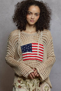 The Liberty Stitch Hoodie Sweater: BeigeAmerican Flag V-Neck Hoodie Sweater – Cotton Long Sleeve Lightweight Knit Top