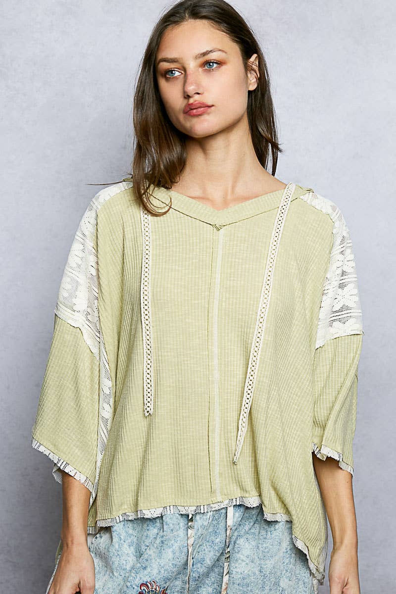 The Hadley Lace Trim Hoodie Top: Pale Sage