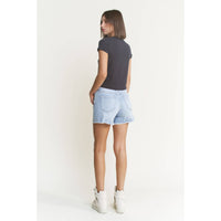 Mica Denim "City Blue" High Rise Denim Shorts: Light Wash- Frayed Hem | Comfort Stretch