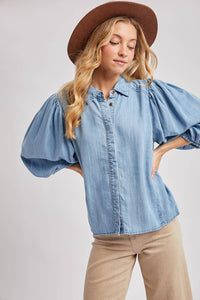Elowen Denim Balloon Sleeve Button-Up Top