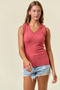 Alessia V-Neck Frill Trim Knit Tank – Women’s Sleeveless Ribbed Layering Top