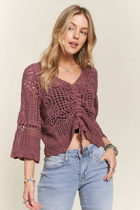 Wildflower Crochet Drawstring Sweater Top: Mulberry
