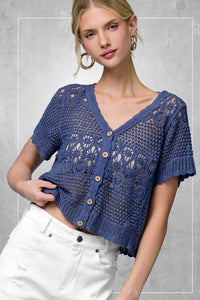 The Freya Crochet Cardigan Top: Indigo– Boho Open Knit Button Front Lace Top