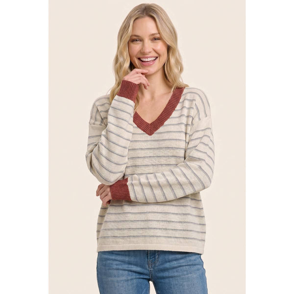 Easy Favorite Stripe Sweater: Ivory/ Rust