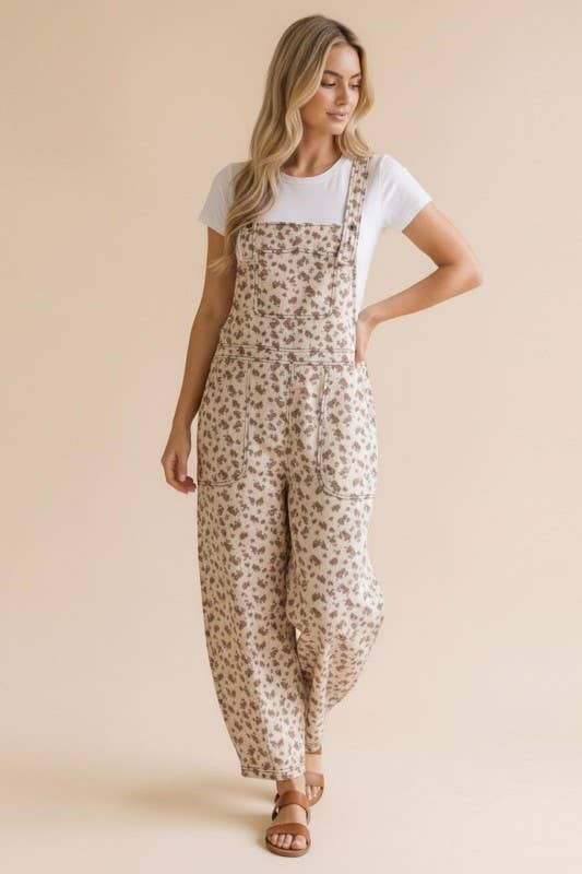 Willow Floral Barrel Leg Overalls: Oatmeal