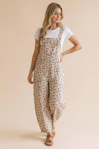 Willow Floral Barrel Leg Overalls: Oatmeal