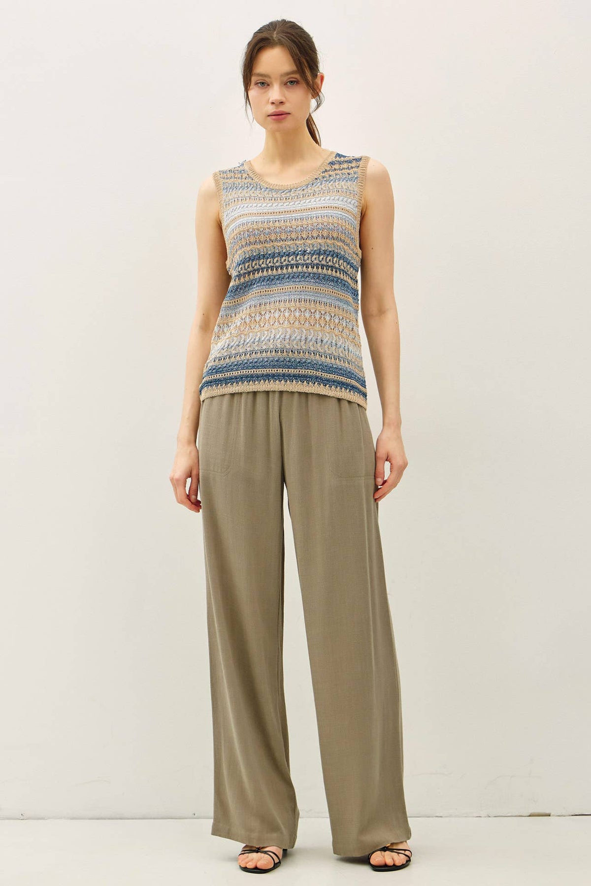 The Laine Striped Crochet Sweater Tank: Blue – Sleeveless Relaxed Fit Knit Top
