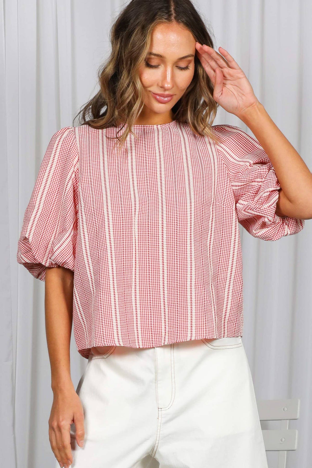The Blakely Plaid Bow Back Blouse: Red – Bubble Sleeve Feminine Tie Back Top