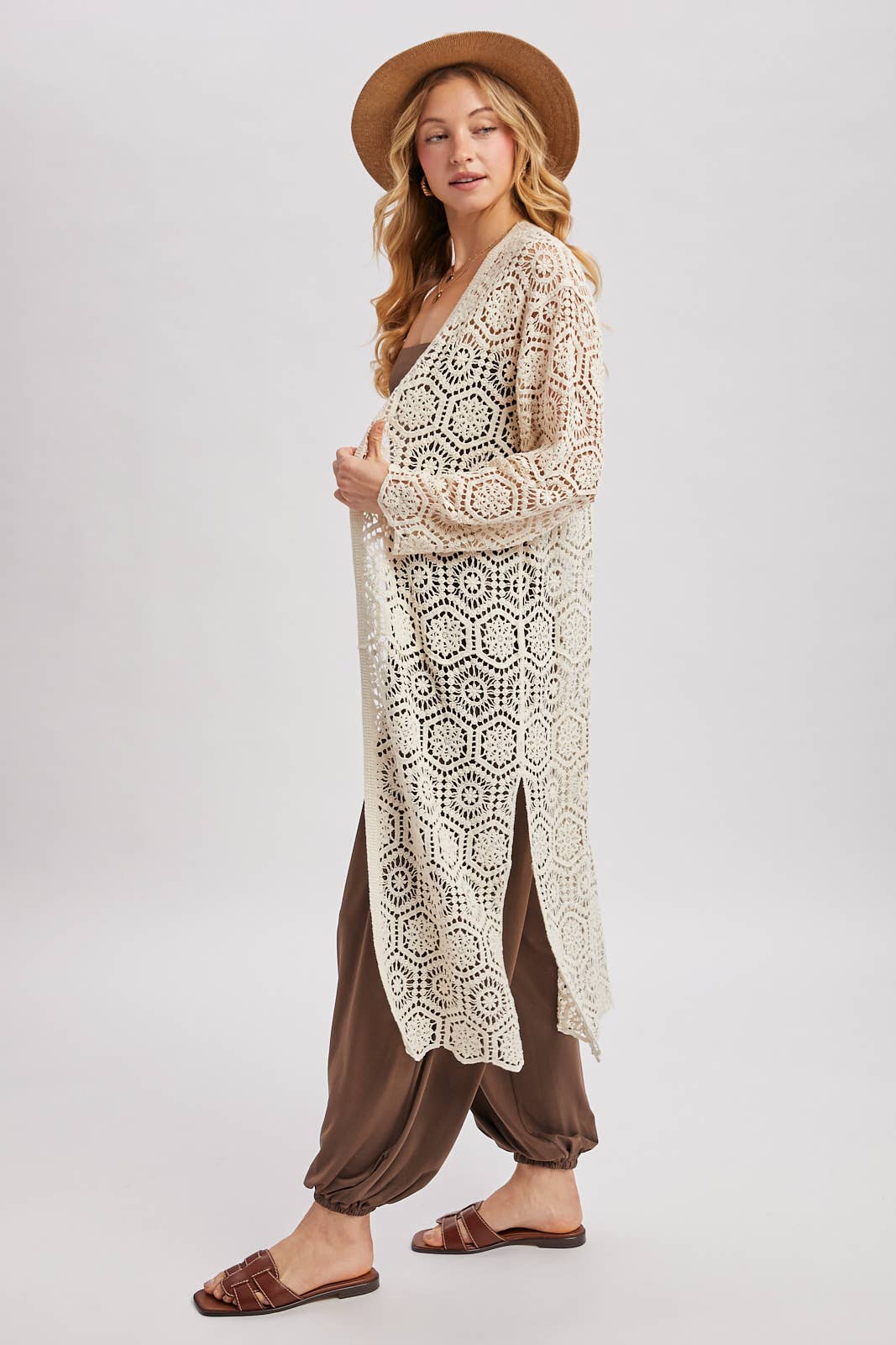 BOHO LONG LINE SIDE SLIT CROCHET CARDIGAN: NATURAL