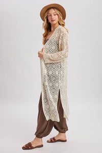 BOHO LONG LINE SIDE SLIT CROCHET CARDIGAN: NATURAL