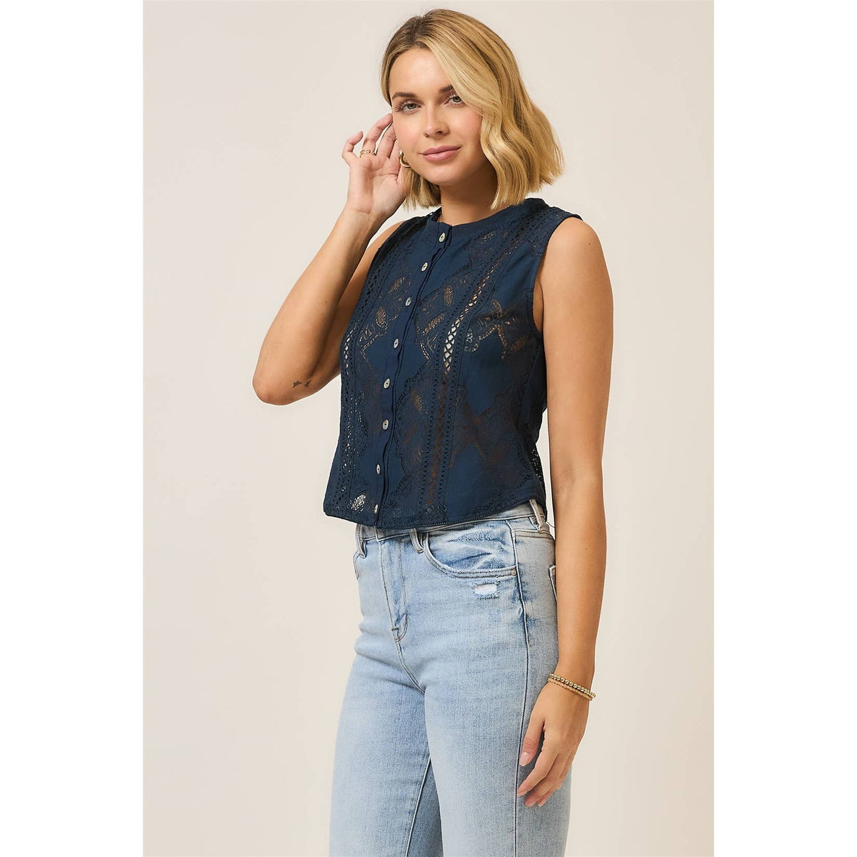 The Isla Lace Button Tank: Navy