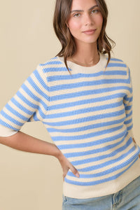 The Camden Stripe Knit Top: Cream/ Blue