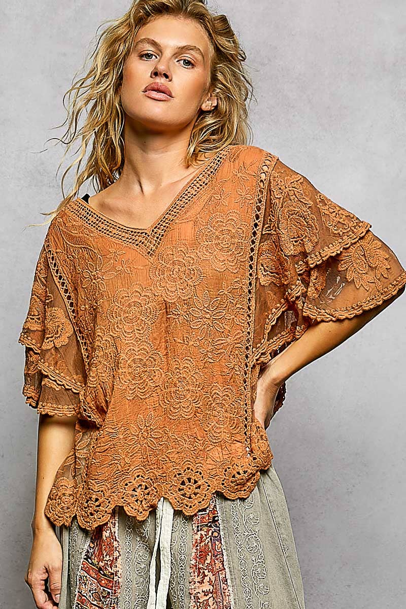 V-neck Short Sleeve Crochet Trim Solid Top: CAMEL / Os