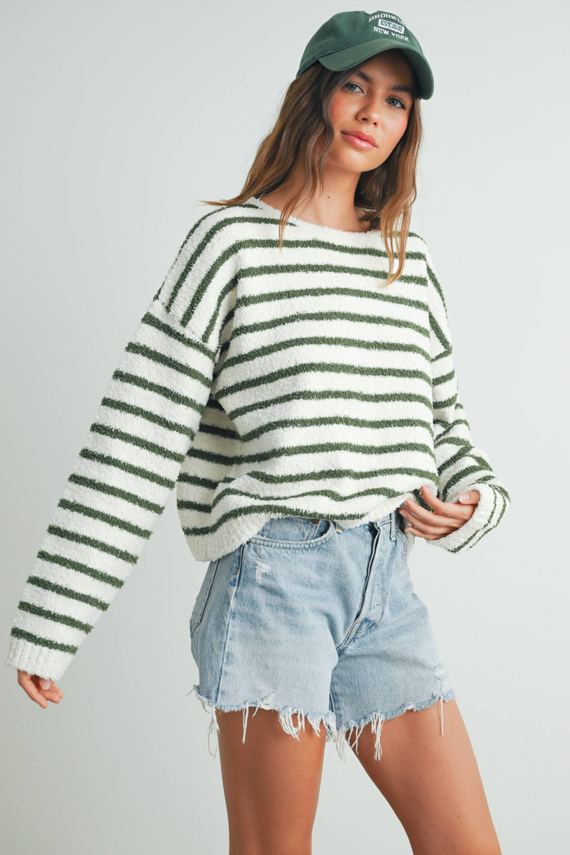 The Olivia Striped Fuzzy Knit Sweater: Ivory/Olive – Cozy Long Sleeve Pullover