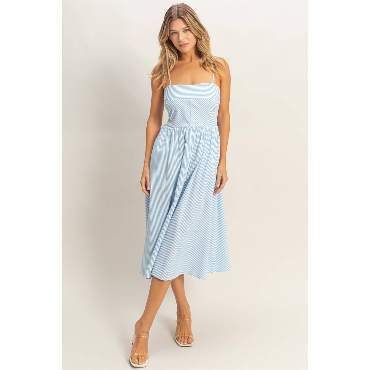 Striped Spaghetti Strap Dress: NAVY / S-M-L(2-2-2)