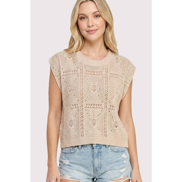 The Lila Short Sleeve Crochet Sweater: Natural – Lightweight Crew Neck Knit Top