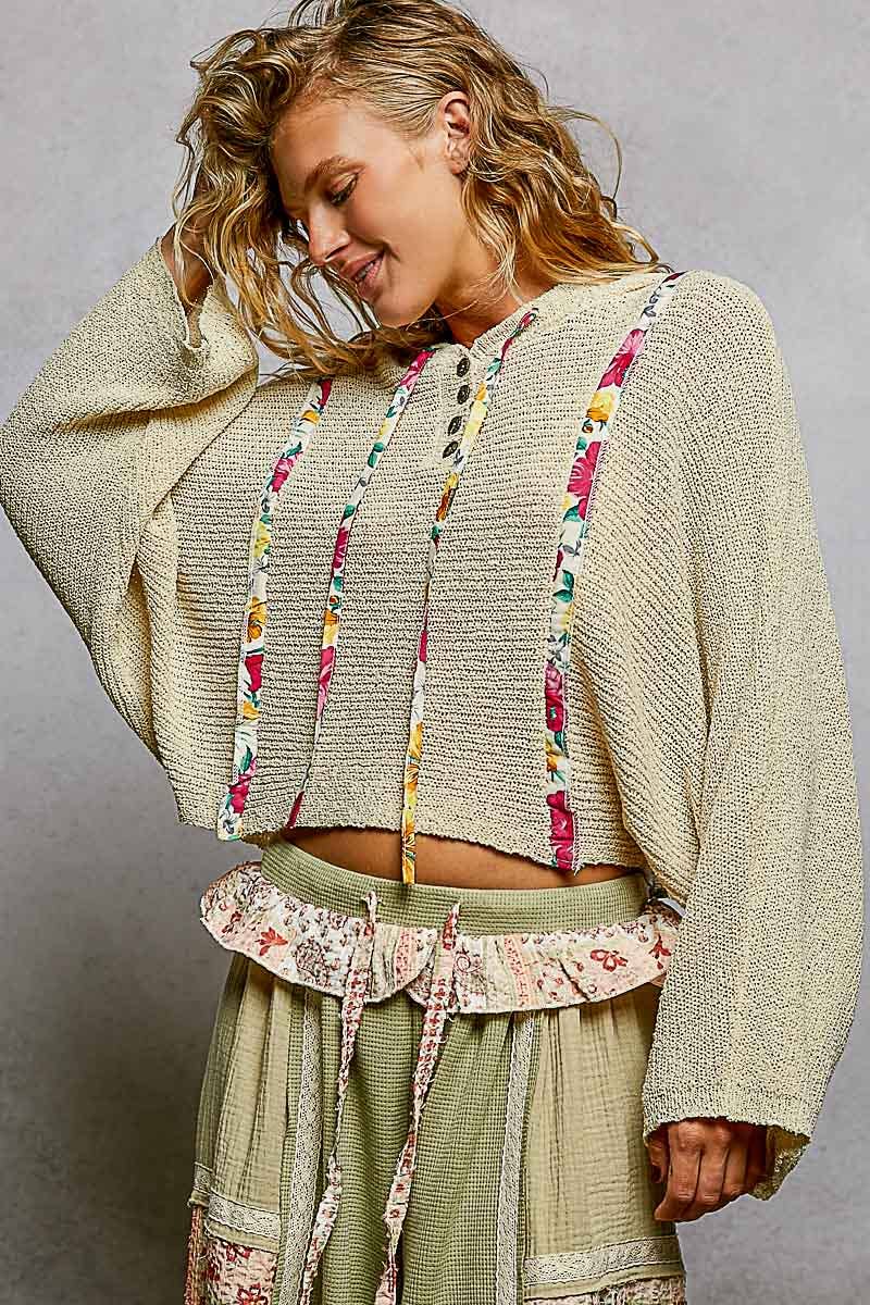 Rosalie Cropped Hooded Knit Sweater – Lightweight Long Sleeve Textured Hoodie Top for Women