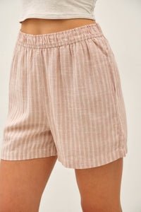 The Rory Striped Linen Blend Shorts: Hazelnut – Lightweight Elastic Waist Summer Shorts