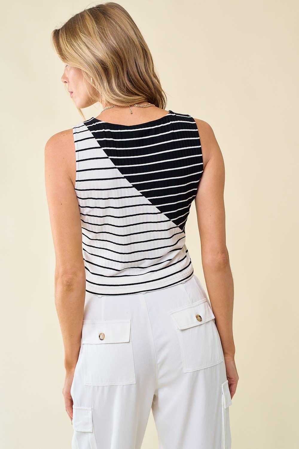 Brett Mixed Stripe Knit Sleeveless Top: White/Black