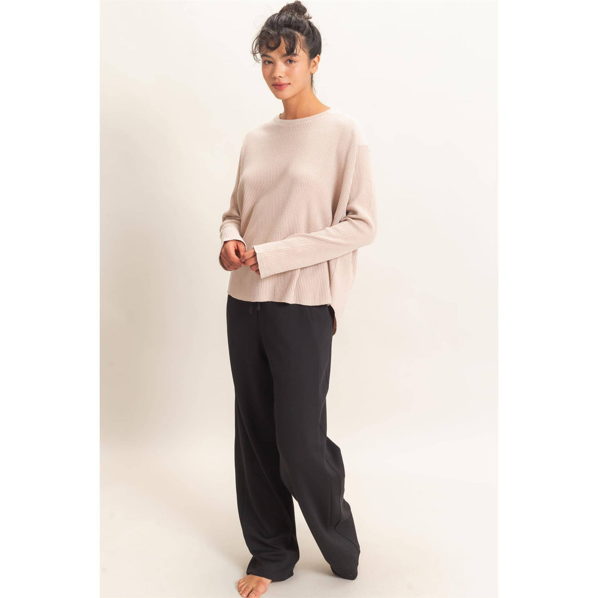Slow Mornings Waffle Knit Top: Cream Taupe