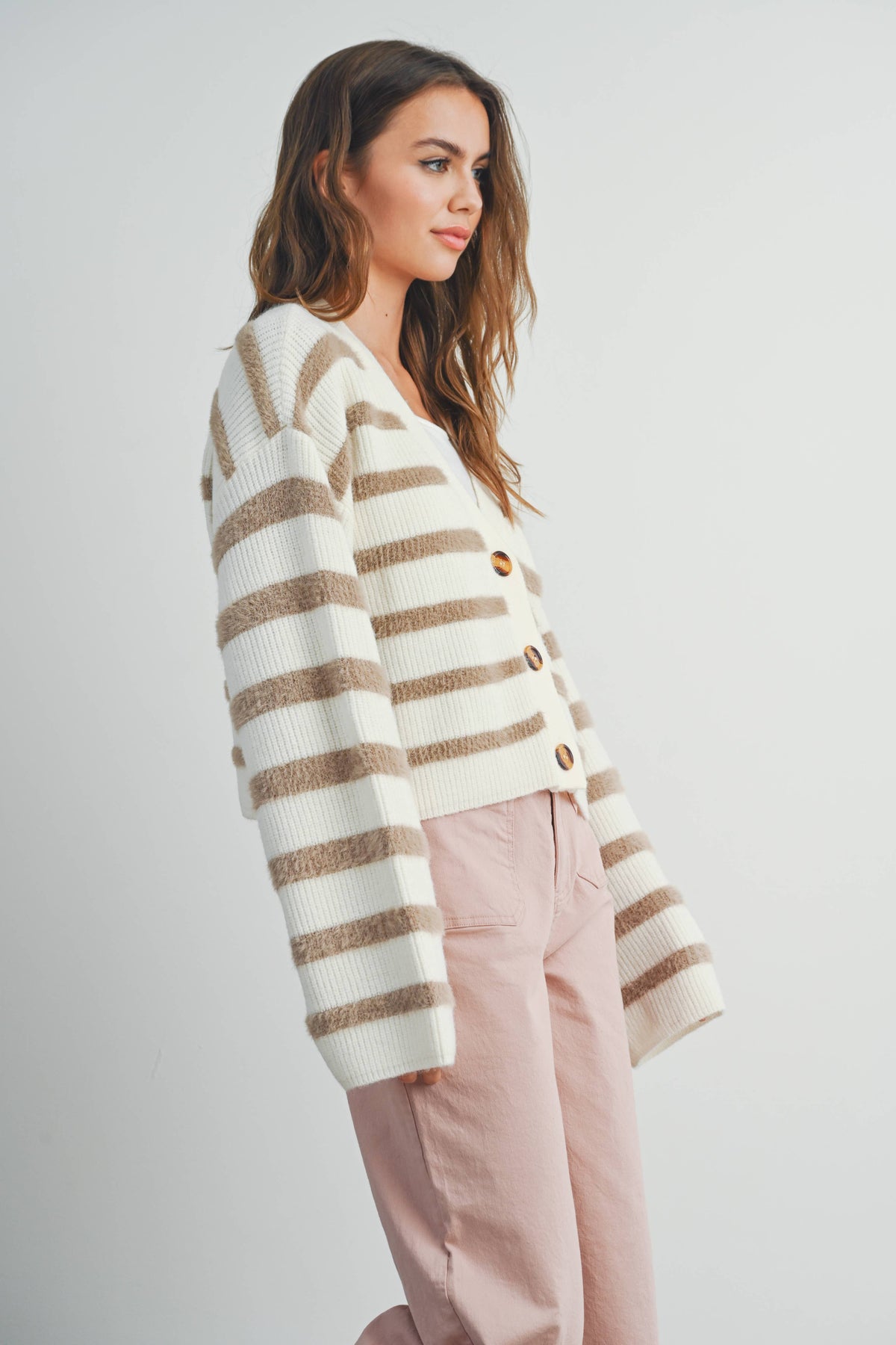 The Charlotte Striped Button Front Cardigan – Cozy Long Sleeve Cropped Knit Sweater