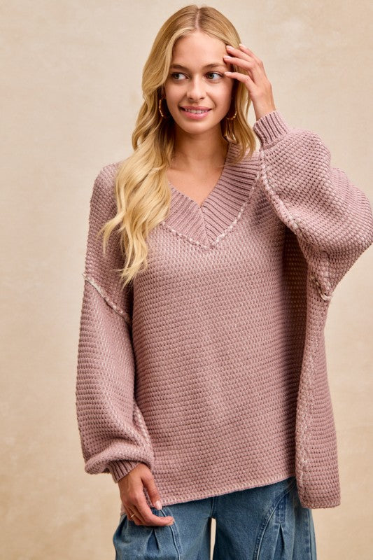Liora Textured V-Neck Sweater: Frosted Lilac – Relaxed Fit Two-Tone Knit Top