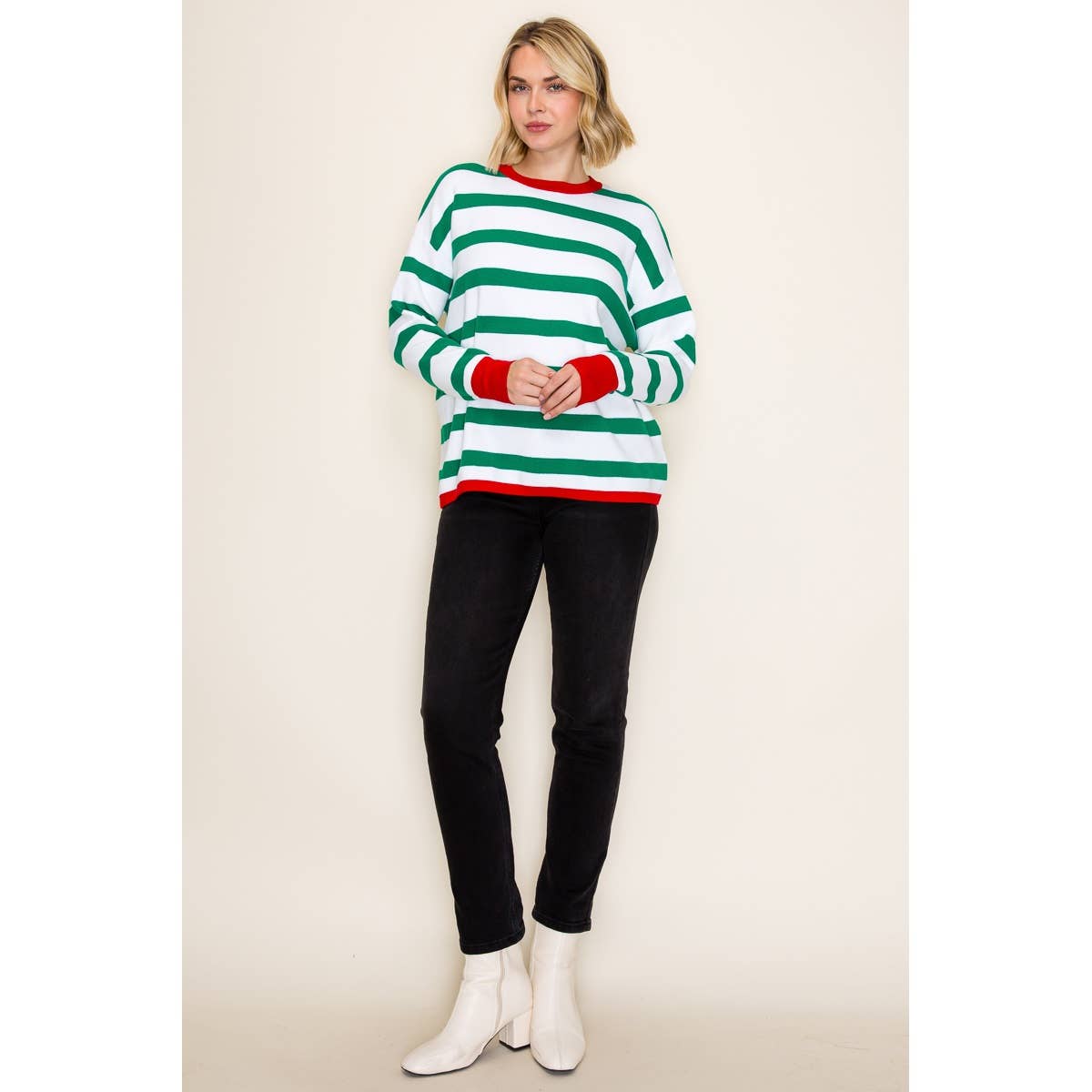 Staccato Holly Jolly Stripe Sweater – Green & White Christmas Pullover with Red Trim | Northern Belle Boutique