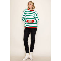 Staccato Holly Jolly Stripe Sweater – Green & White Christmas Pullover with Red Trim | Northern Belle Boutique